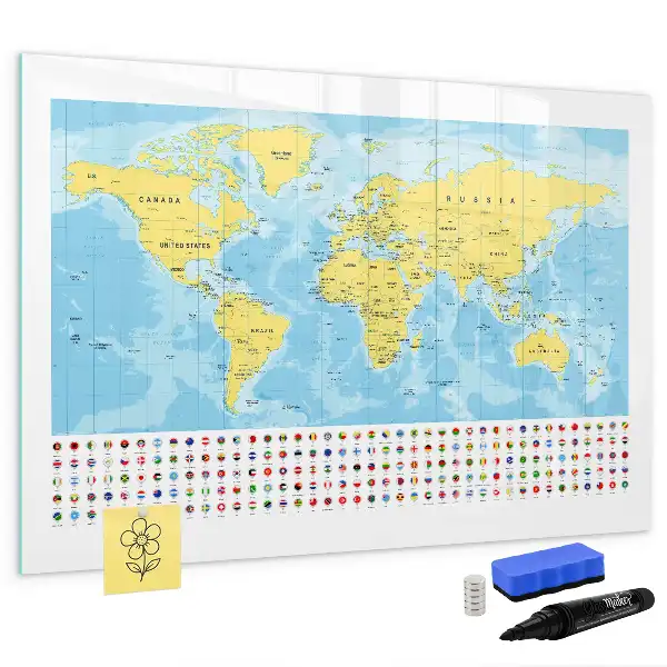 Magnetic glass dry erase board with a world map design