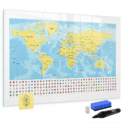 Magnetic glass dry erase board with a world map design