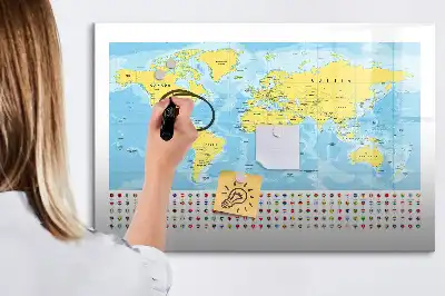 Magnetic glass dry erase board with a world map design