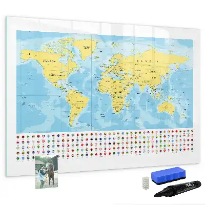 Magnetic glass dry erase board with a world map design
