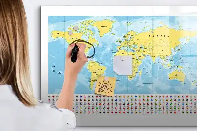 Magnetic glass dry erase board with a world map design