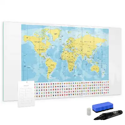 Magnetic glass dry erase board with a world map design
