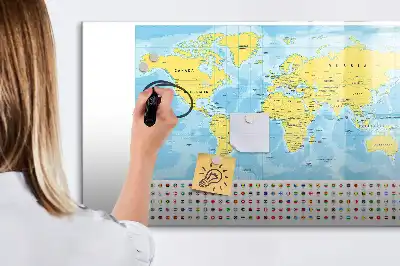 Magnetic glass dry erase board with a world map design