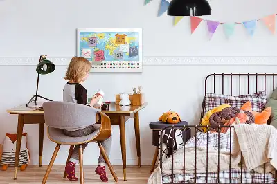 Magnetic glass dry erase board with a world map design