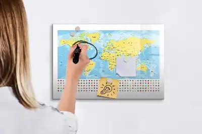 Magnetic glass dry erase board with a world map design