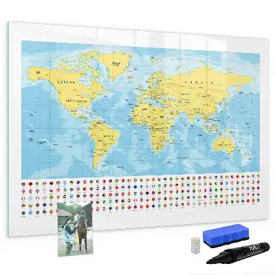 Magnetic glass dry erase board with a world map design