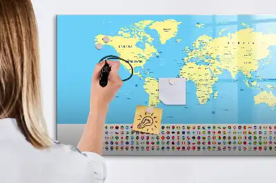 Magnetic world map whiteboard classic style