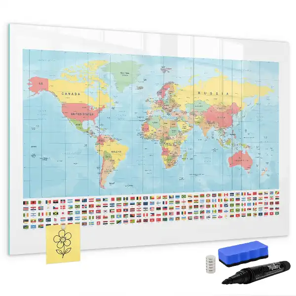 Magnetic glass dry erase board with a geographic world map design