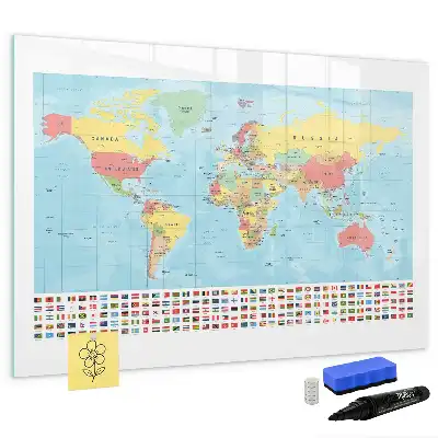 Magnetic glass dry erase board with a geographic world map design