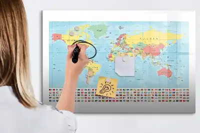 Magnetic glass dry erase board with a geographic world map design