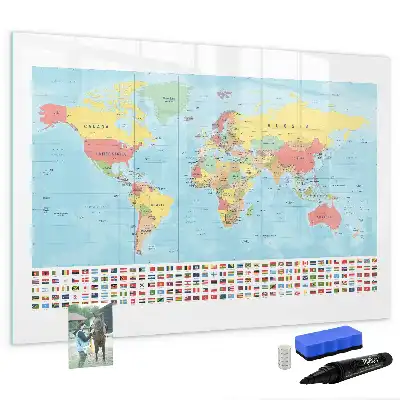 Magnetic glass dry erase board with a geographic world map design