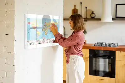 Magnetic glass dry erase board with a geographic world map design
