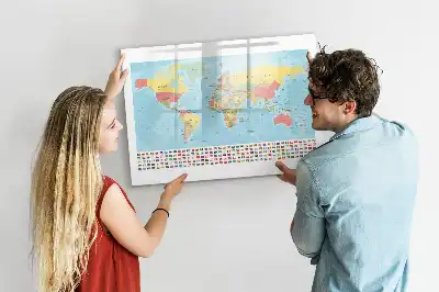 Magnetic glass dry erase board with a geographic world map design