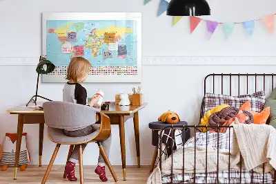 Magnetic glass dry erase board with a geographic world map design