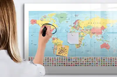 Magnetic glass dry erase board with a geographic world map design