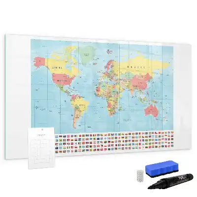 Magnetic glass dry erase board with a geographic world map design