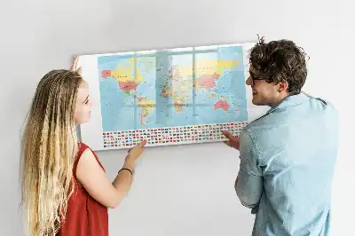 Magnetic glass dry erase board with a geographic world map design