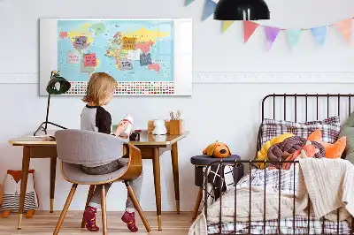 Magnetic glass dry erase board with a geographic world map design