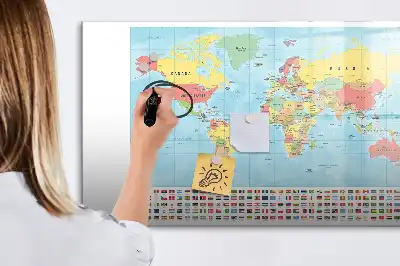 Magnetic glass dry erase board with a geographic world map design