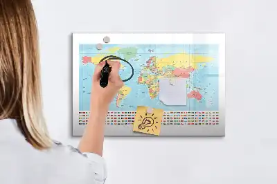 Magnetic glass dry erase board with a geographic world map design