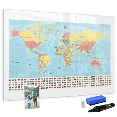 Magnetic glass dry erase board with a geographic world map design