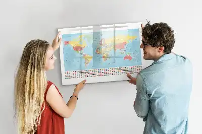 Magnetic glass dry erase board with a geographic world map design