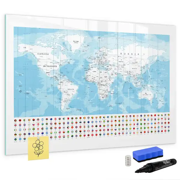 Magnetic glass dry erase board continent maps design