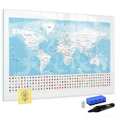 Magnetic glass dry erase board continent maps design