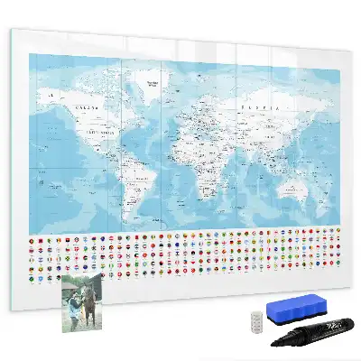 Magnetic glass dry erase board continent maps design