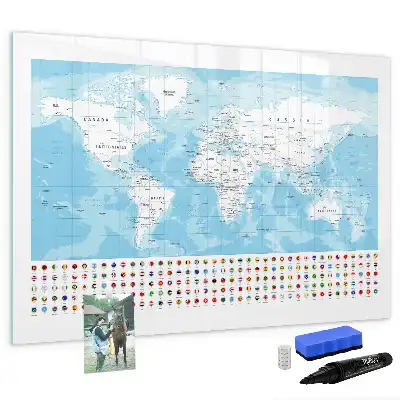 Magnetic glass dry erase board continent maps design