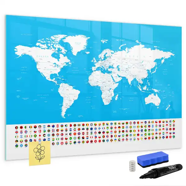 Magnetic glass dry erase board with an outline map of countries