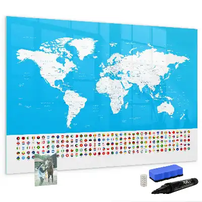 Magnetic glass dry erase board with an outline map of countries