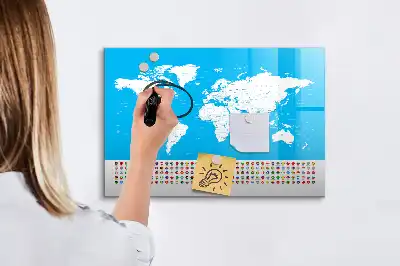 Magnetic glass dry erase board with an outline map of countries