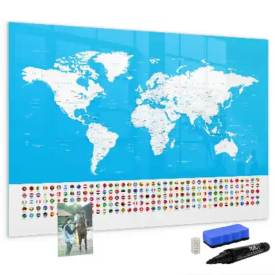 Magnetic glass dry erase board with an outline map of countries