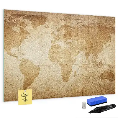 Magnetic glass dry erase board vintage world map design