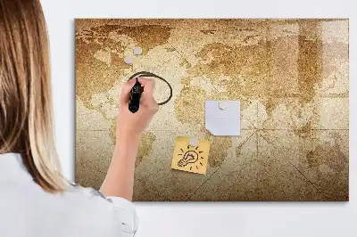 Magnetic glass dry erase board vintage world map design