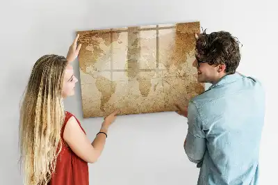 Magnetic glass dry erase board vintage world map design