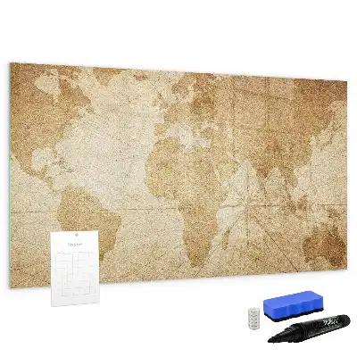 Magnetic glass dry erase board vintage world map design