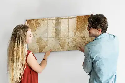 Magnetic glass dry erase board vintage world map design