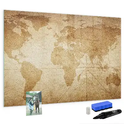 Magnetic glass dry erase board vintage world map design