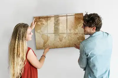 Magnetic glass dry erase board vintage world map design