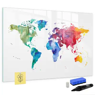 Magnetic glass dry erase board with watercolor world map design