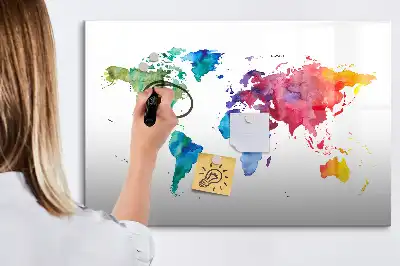 Magnetic glass dry erase board with watercolor world map design