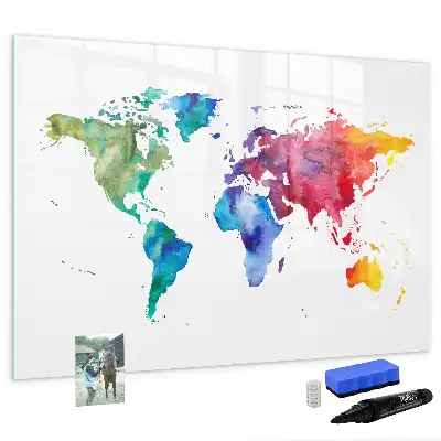 Magnetic glass dry erase board with watercolor world map design