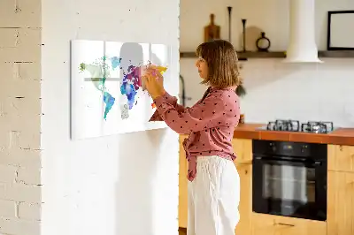 Magnetic glass dry erase board with watercolor world map design