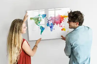 Magnetic glass dry erase board with watercolor world map design