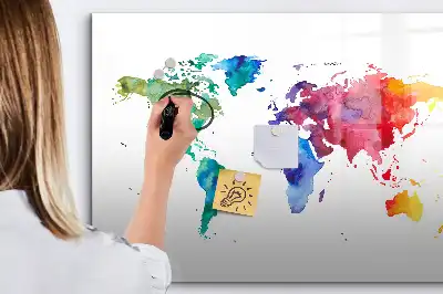 Magnetic glass dry erase board with watercolor world map design