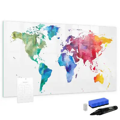 Magnetic glass dry erase board with watercolor world map design