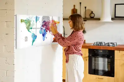 Magnetic glass dry erase board with watercolor world map design