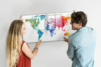 Magnetic glass dry erase board with watercolor world map design